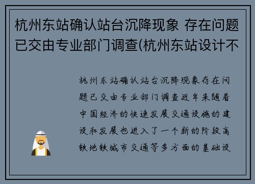 杭州东站确认站台沉降现象 存在问题已交由专业部门调查(杭州东站设计不合理)